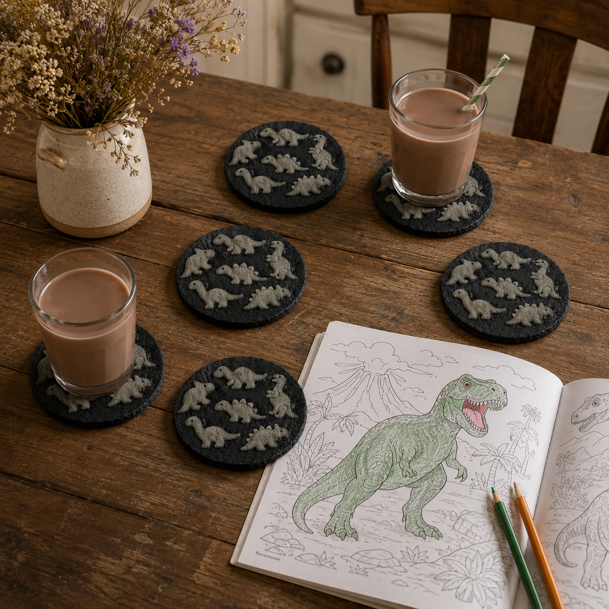 Set of 6, Effect Dinosaur Slate Coasters, 3D Effect – Laser Engraved Prehistoric Jurassic Dino Fossil Drink Coasters with Protective Bumper Feet, Unique Natural Stone Home Table Décor & Gift.