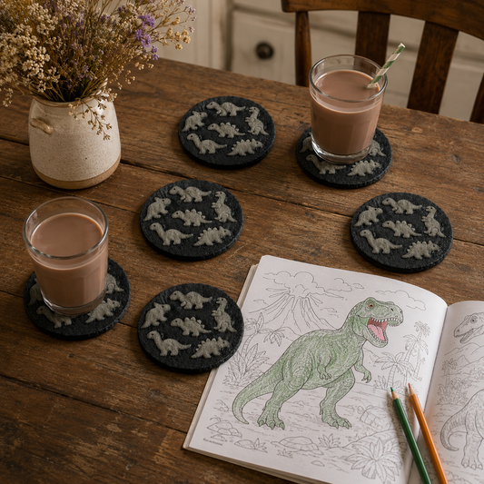 Set of 6, Effect Dinosaur Slate Coasters, 3D Effect – Laser Engraved Prehistoric Jurassic Dino Fossil Drink Coasters with Protective Bumper Feet, Unique Natural Stone Home Table Décor & Gift.