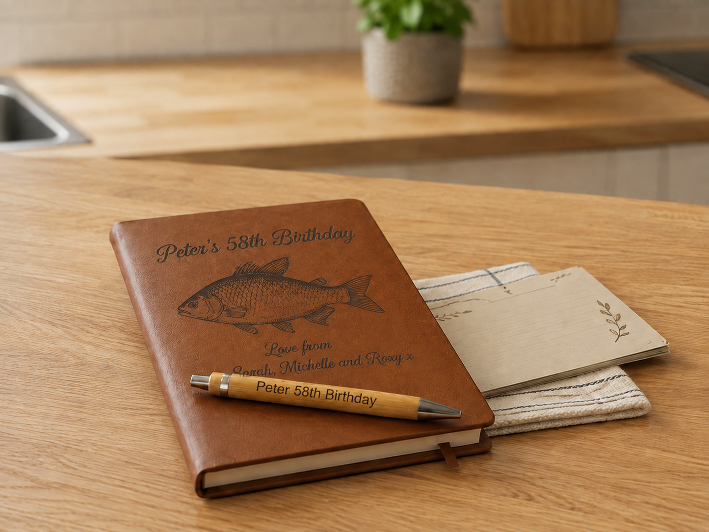 Personalised PU Tan Notebook & Bamboo Pen Set | Custom Engraved Hardback Notebook.