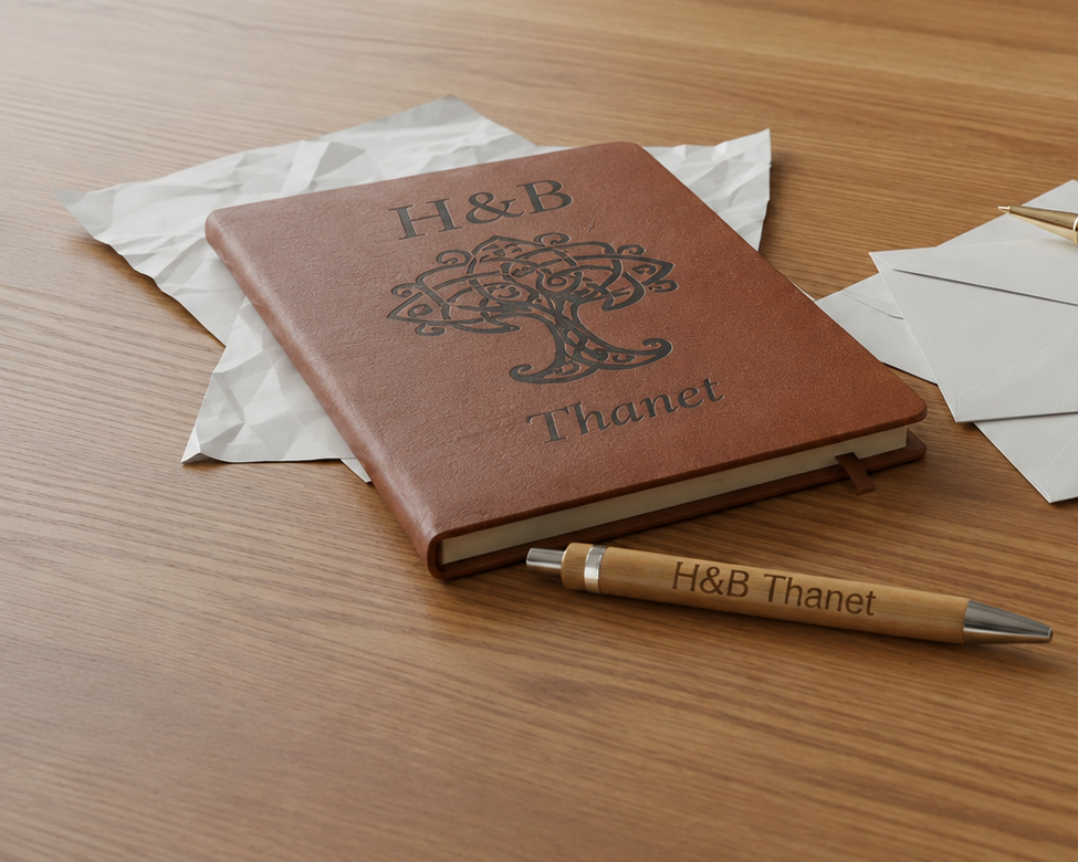 Personalised PU Tan Notebook & Bamboo Pen Set | Custom Engraved Hardback Notebook.
