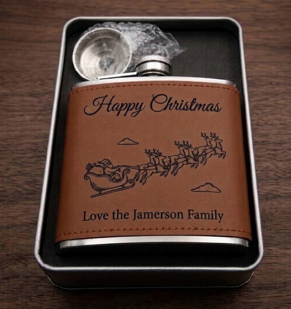 Personalised PU Tan Leather Hip Flask Gift Set with Funnel | Custom Engraved 6oz Steel