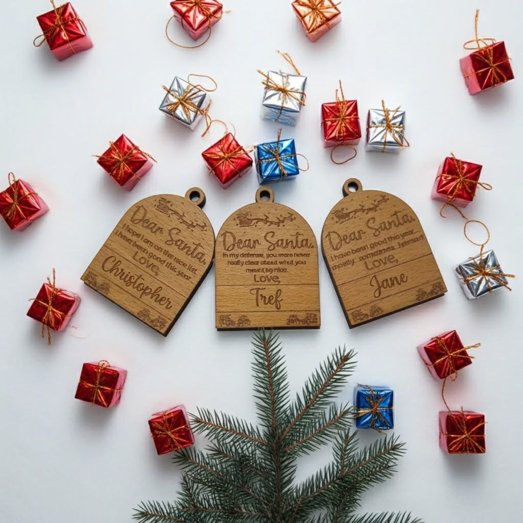 Personalised Wooden Christmas Tree Ornaments, Set of 3 | Dear Santa Wooden Baubles with Red Cord | Handmade by H&B Thanet