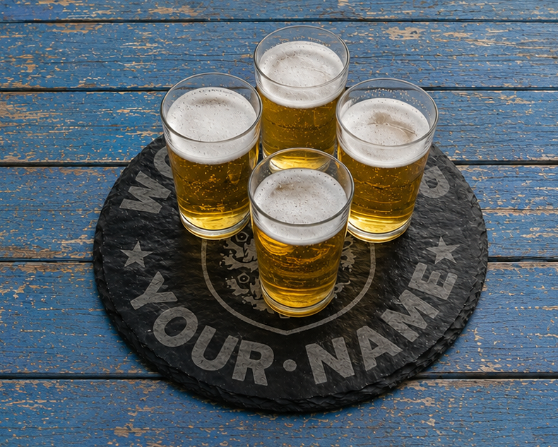 Personalised, World Cup, 30cm Round Slate Serving Platter for hot & cold food or drinks. With bumper feet and waterproofed. Any text and font.
