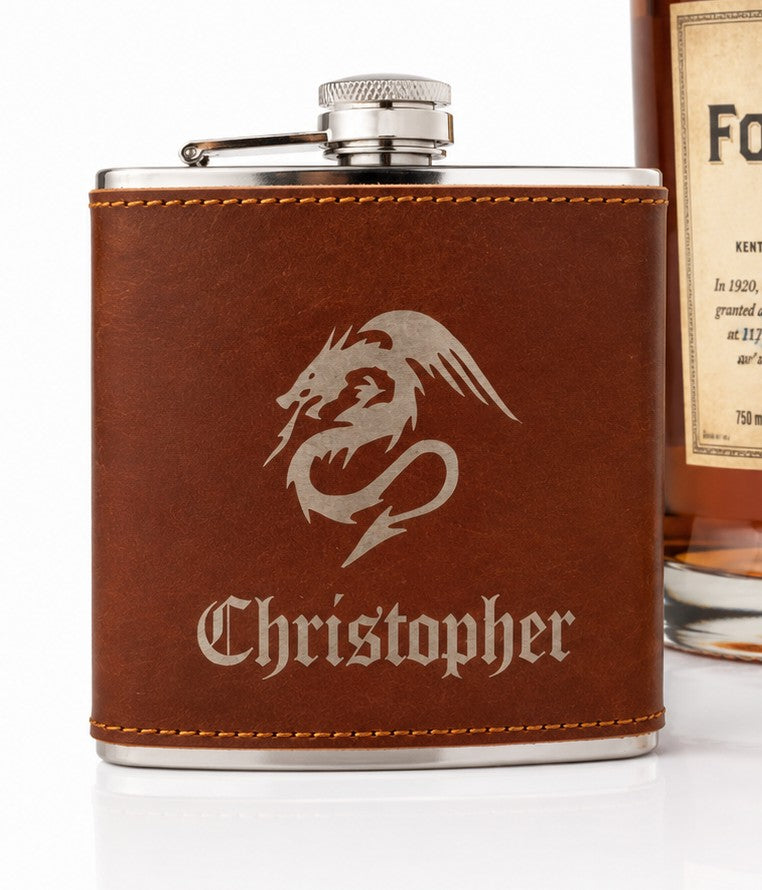 Personalised- Stainless Steel 7oz Hipflask, x 2 Cups and Funnel Set. Cool Gifts for any Celebration.