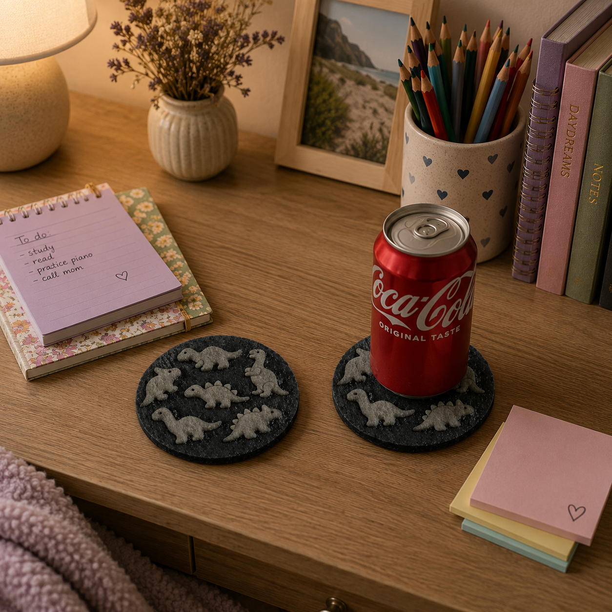 Set of 6, Effect Dinosaur Slate Coasters, 3D Effect – Laser Engraved Prehistoric Jurassic Dino Fossil Drink Coasters with Protective Bumper Feet, Unique Natural Stone Home Table Décor & Gift.