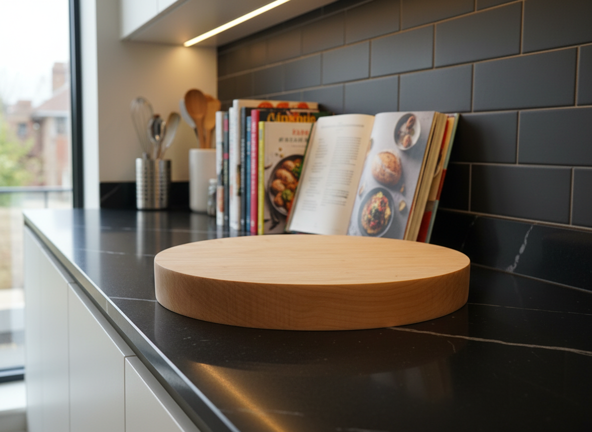 320 mm x 40 mm Solid Round,  Hard Maple Chopping Board / Butchers Block, with anti-skid feet.