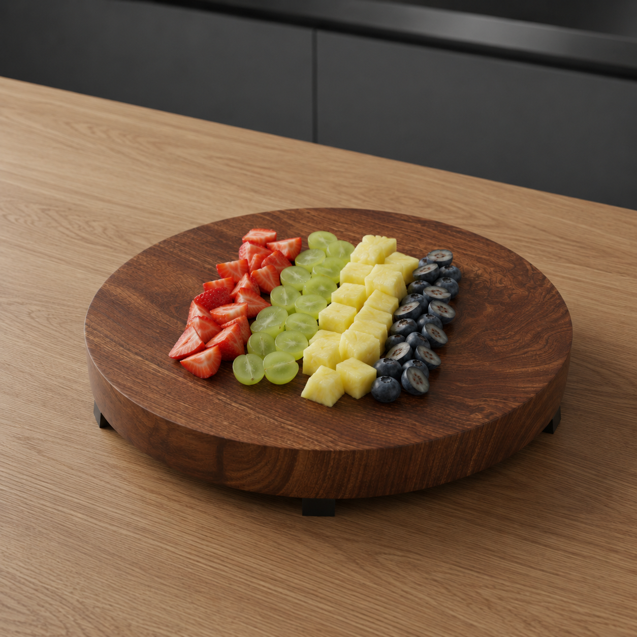 Round, Sapele - Butchers Block Style, with Waxed Sides. Cheese, Bread or Small Chop Board, with Rubber Feet. 280mm x 38mm.