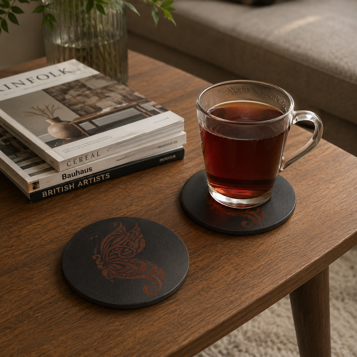 Set of 6, Round Wooden Coasters. Butterfly Collection. Stylish, Durable, Bumper Feet.