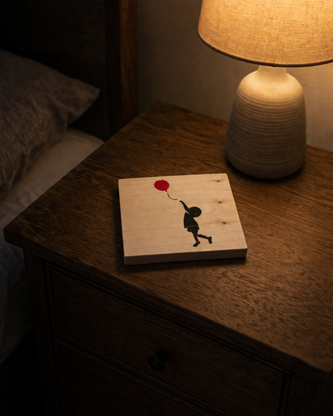Set of 4, Banksy Inspired Coaster- Girl with Balloon. Hand painted. 100mm x 100mm x 19mm. With Bumper feet.