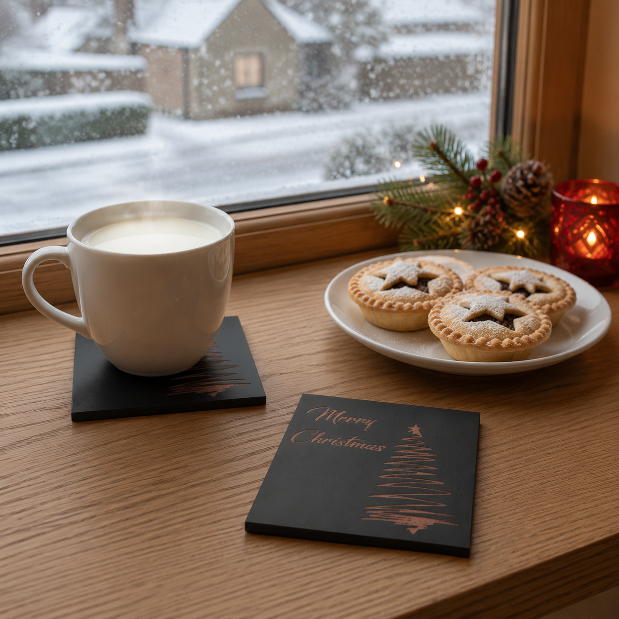 Set of 6 Stylish Black Wood Christmas Coasters, Festive Scenes | 9.5cm Square Drink Mats with Bumper Feet.