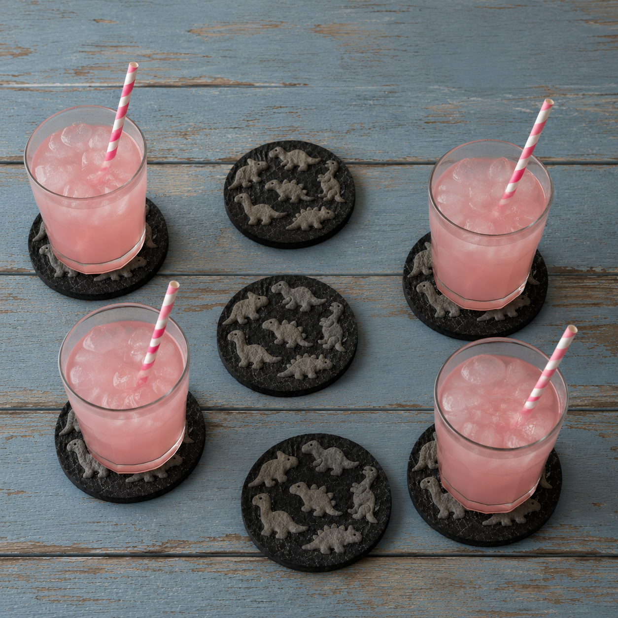 Set of 6, Effect Dinosaur Slate Coasters, 3D Effect – Laser Engraved Prehistoric Jurassic Dino Fossil Drink Coasters with Protective Bumper Feet, Unique Natural Stone Home Table Décor & Gift.