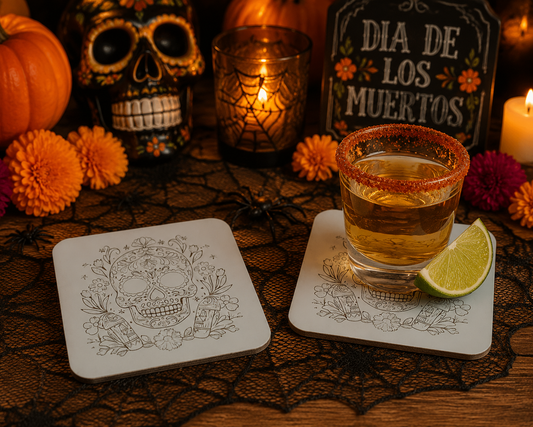 Set of 6, Day of the Dead Wooden Coasters. White Mexican Skull Drink Coaster, Halloween Table Décor, Gothic Home Accessories, Bumper Feet.
