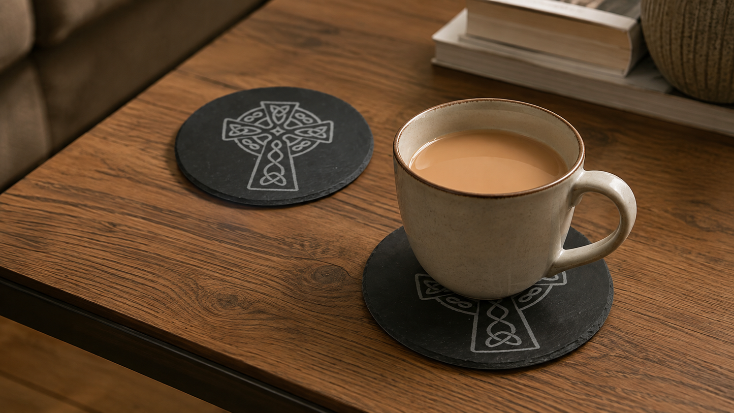 Set of 6 Celtic  Laser Engraved Slate Coasters - 10cm Round. With Anti-Skid Feet
