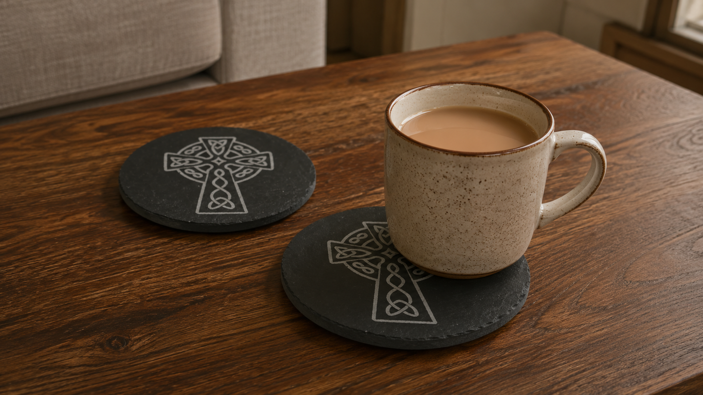 Set of 6 Celtic  Laser Engraved Slate Coasters - 10cm Round. With Anti-Skid Feet