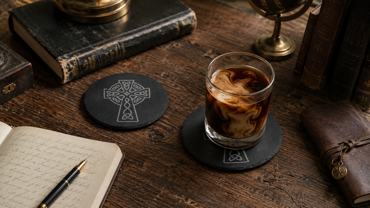 Set of 6 Celtic  Laser Engraved Slate Coasters - 10cm Round. With Anti-Skid Feet