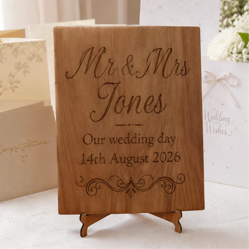 Bulk / Trade: Bespoke -Personalised Steamed Beech NFC Wedding Sign & Stand | Tap to View Photos & Digital Guestbook (390 x 290mm).