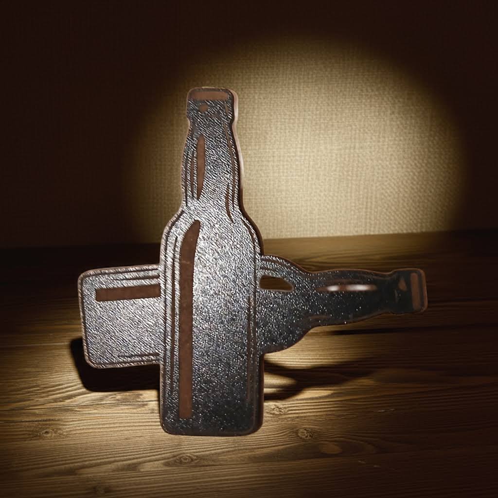 Set of 4, Novelty Drink Coasters on Black Topped Wood., Beer Bottles, with bumper feet.