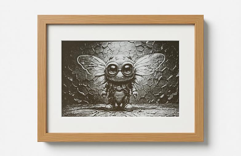 Framed Cute Cryptid Wood Laser Engraving – 20x25cm Whimsical Steampunk Insect- Wall Décor in an Oak Frame.