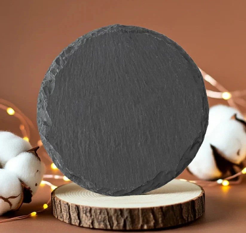 Set of 4 Round Slate- 3d effect Dragon and Rune Dice slates coasters, with bumper feet. 10cm diameter.