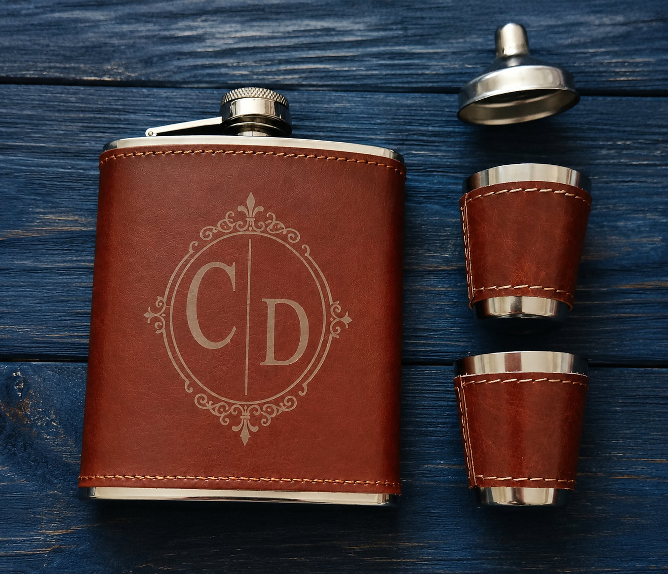 Personalised- Stainless Steel 7oz Hipflask, x 2 Cups and Funnel Set. Cool Gifts for any Celebration.