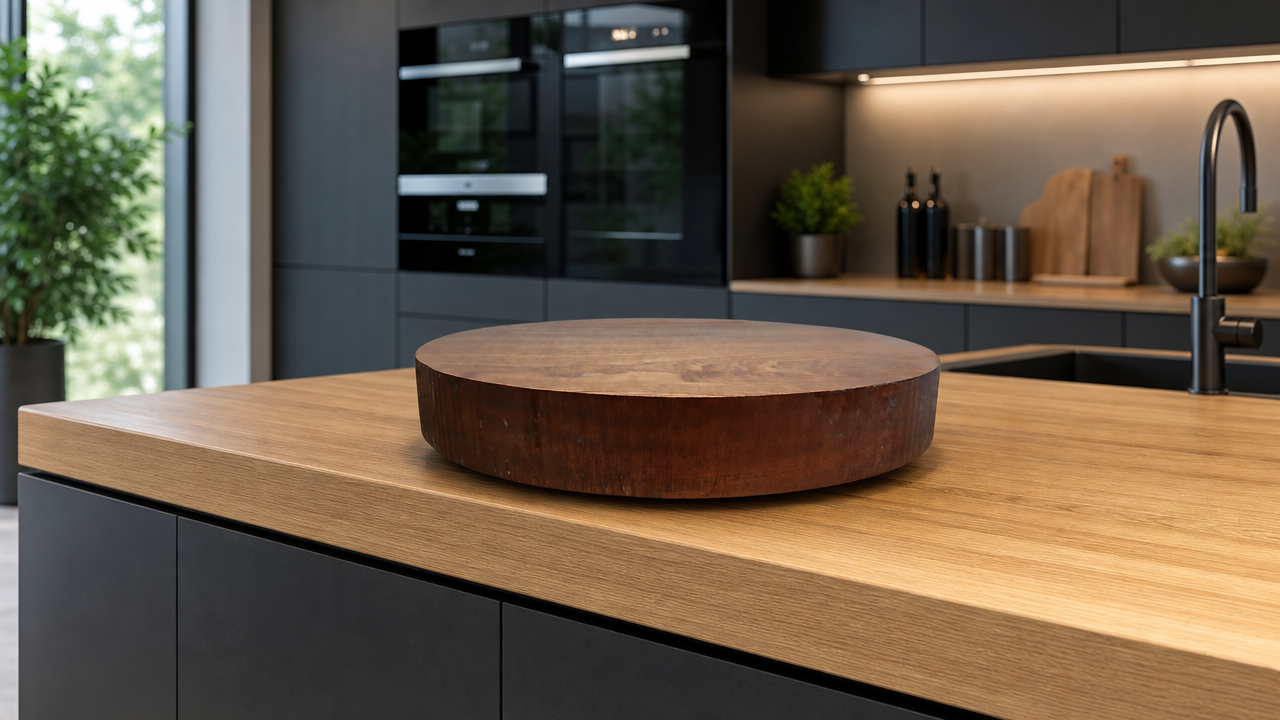 End Grain, Kiln Dried - Sapele Wood Round Butchers Block Chopping / Serving Board, with Rubber Feet and Waxed Edges, (330mm x 50mm) + 100mls of Cornish Food Safe Mineral Oil
