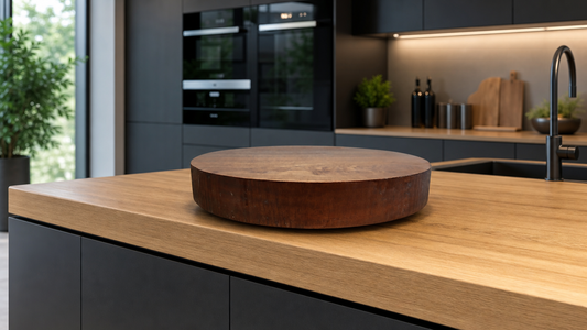 End Grain, Kiln Dried - Sapele Wood Round Butchers Block Chopping / Serving Board, with Rubber Feet and Waxed Edges, (330mm x 50mm) + 100mls of Cornish Food Safe Mineral Oil