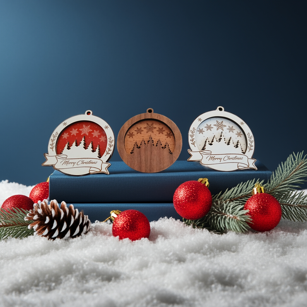 Set of 3 Christmas Decorations, Walnut, Beech, White Wood and Red Acrylic. 60mm Diameter x 6.5mm thick.