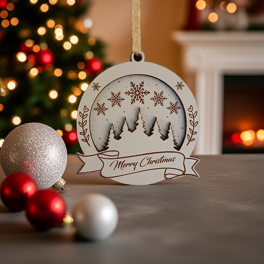 Set of 3 Christmas Decorations, Walnut, Beech, White Wood and Red Acrylic. 60mm Diameter x 6.5mm thick.