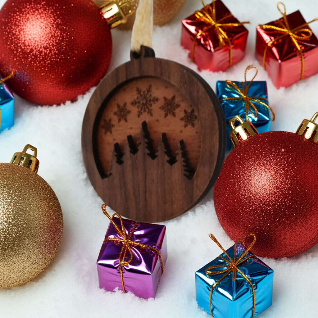 Set of 3 Christmas Decorations, Walnut, Beech, White Wood and Red Acrylic. 60mm Diameter x 6.5mm thick.
