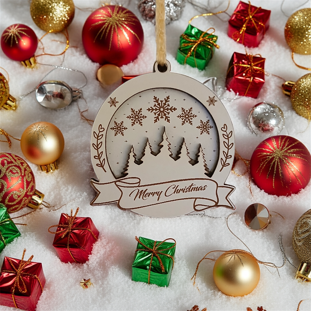 Set of 3 Christmas Decorations, Walnut, Beech, White Wood and Red Acrylic. 60mm Diameter x 6.5mm thick.