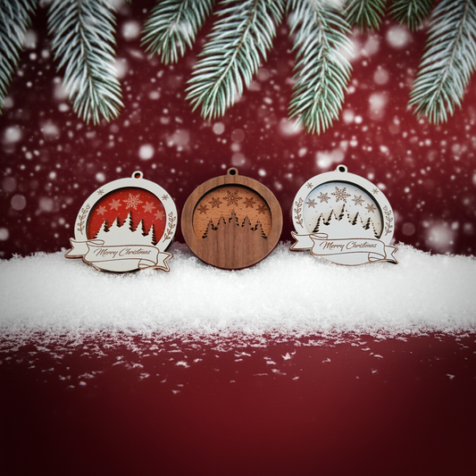 Set of 3 Christmas Decorations, Walnut, Beech, White Wood and Red Acrylic. 60mm Diameter x 6.5mm thick.