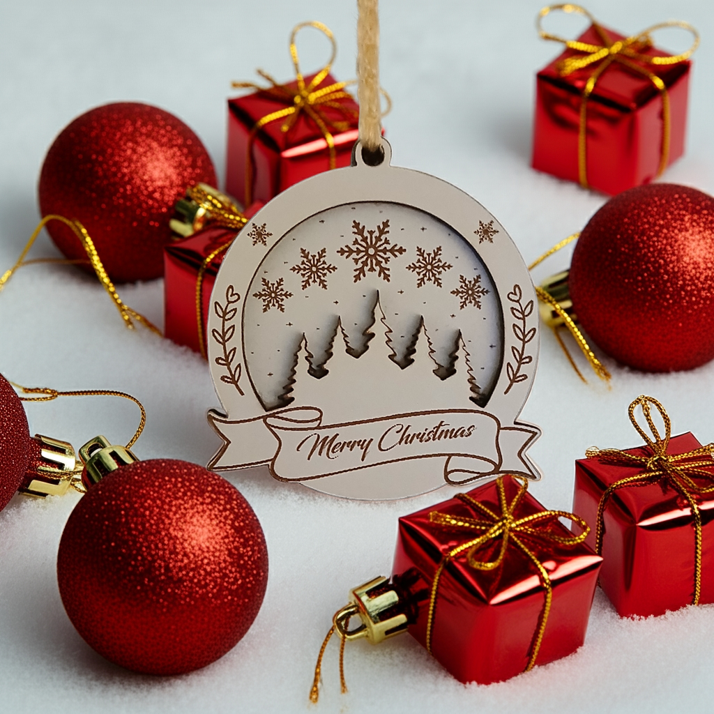 Set of 3 Christmas Decorations, Walnut, Beech, White Wood and Red Acrylic. 60mm Diameter x 6.5mm thick.