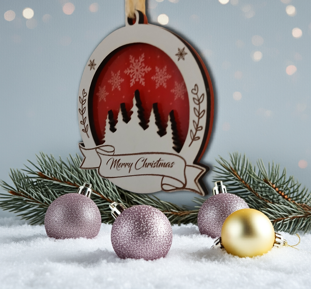 Set of 3 Christmas Decorations, Walnut, Beech, White Wood and Red Acrylic. 60mm Diameter x 6.5mm thick.