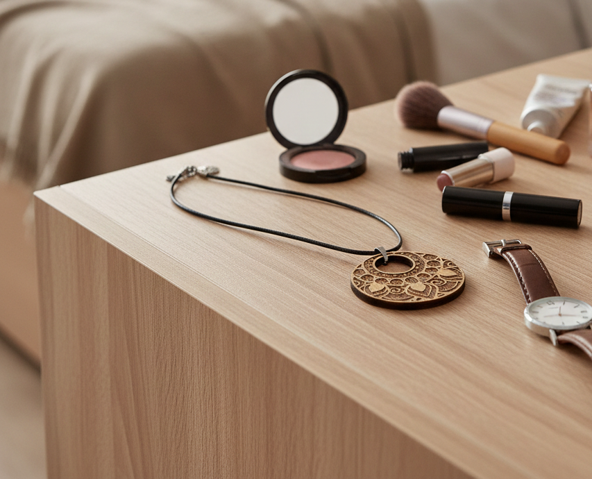 x 3 Personalised, Exquisite Steamed Beech Pendants Collection, with waxed necklaces.