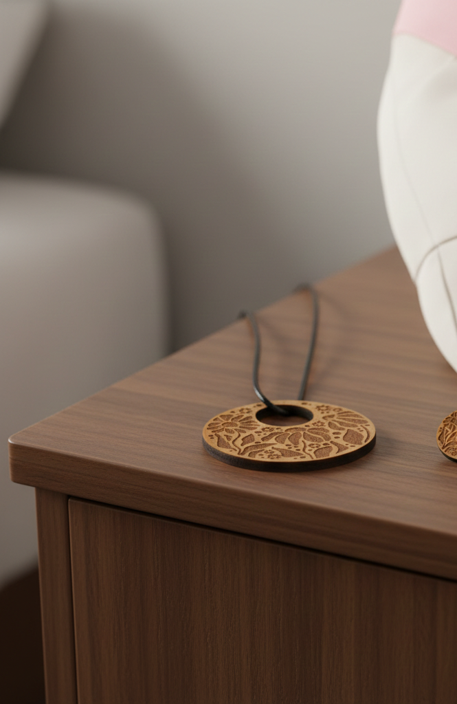 x 3 Personalised, Exquisite Steamed Beech Pendants Collection, with waxed necklaces.