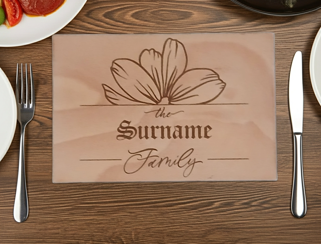 x 4 Personalised engraved Rectangle wood placemats and x 4 drinks coasters set.