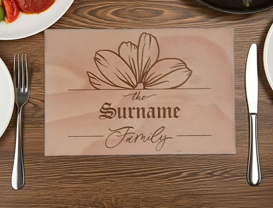 x 4 Personalised engraved Rectangle wood placemats and x 4 drinks coasters set.