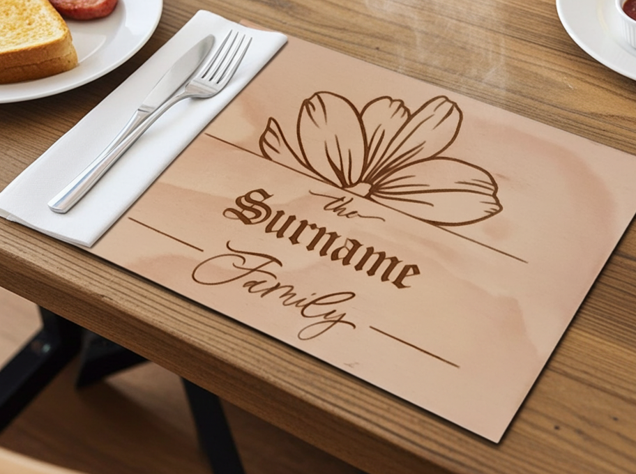 x 4 Personalised engraved Rectangle wood placemats and x 4 drinks coasters set.