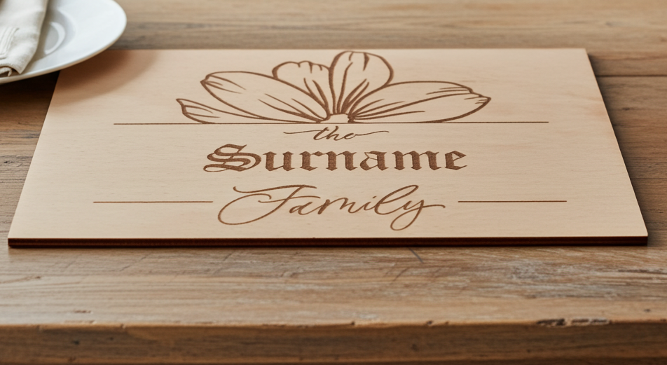 x 4 Personalised engraved Rectangle wood placemats and x 4 drinks coasters set.