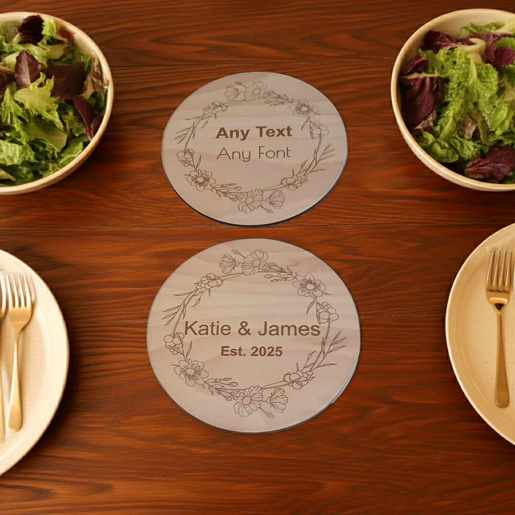x 4 Personalised engraved Round wood placemats and x 4 drinks coasters set.