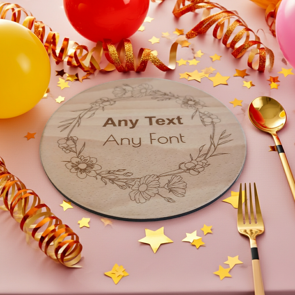 x 4 Personalised engraved Round wood placemats and x 4 drinks coasters set.