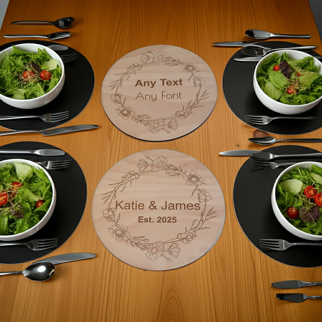 x 4 Personalised engraved Round wood placemats and x 4 drinks coasters set.