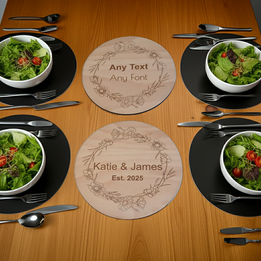 x 4 Personalised engraved Round wood placemats and x 4 drinks coasters set.