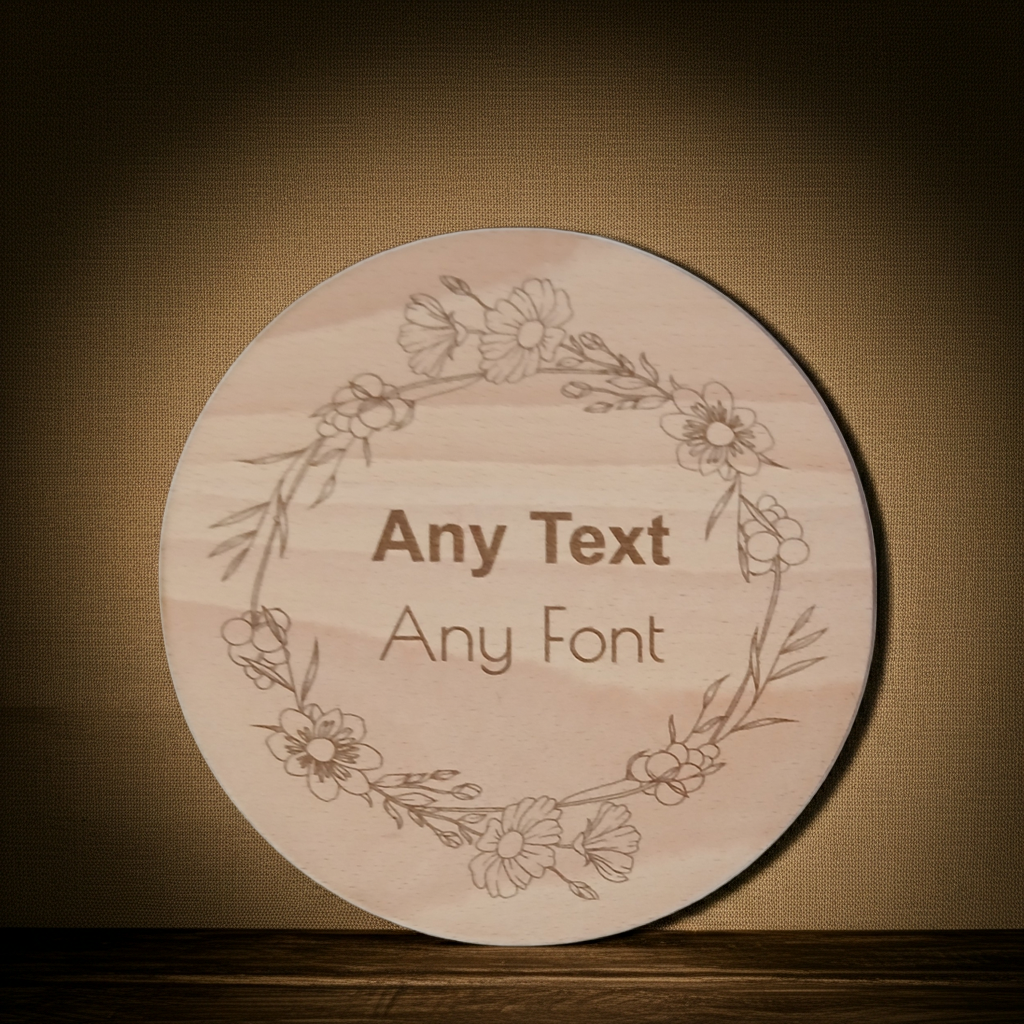 x 4 Personalised engraved Round wood placemats and x 4 drinks coasters set.