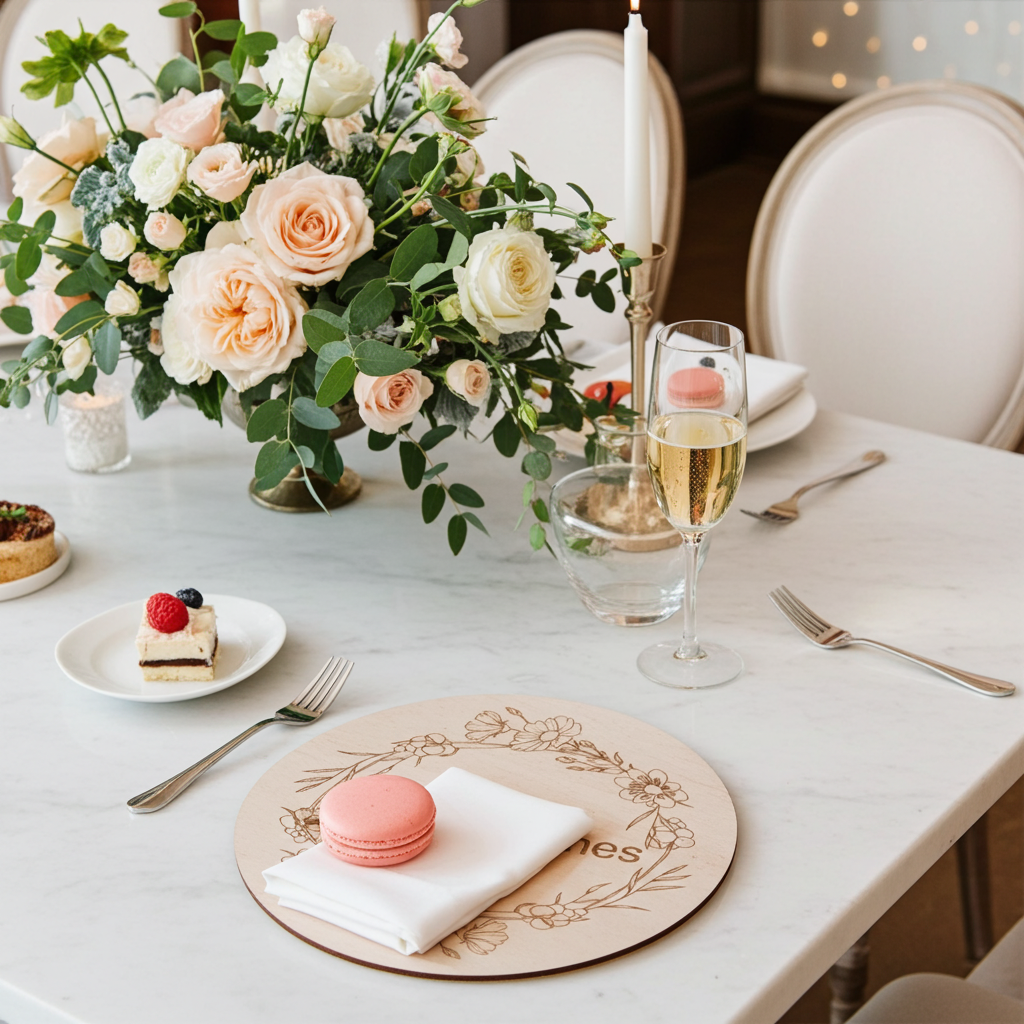 x 4 Personalised engraved Round wood placemats and x 4 drinks coasters set.