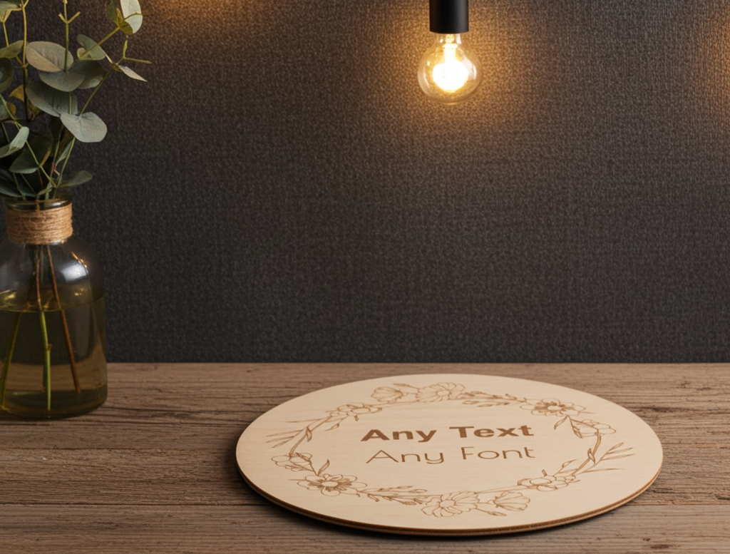 x 4 Personalised engraved Round wood placemats and x 4 drinks coasters set.