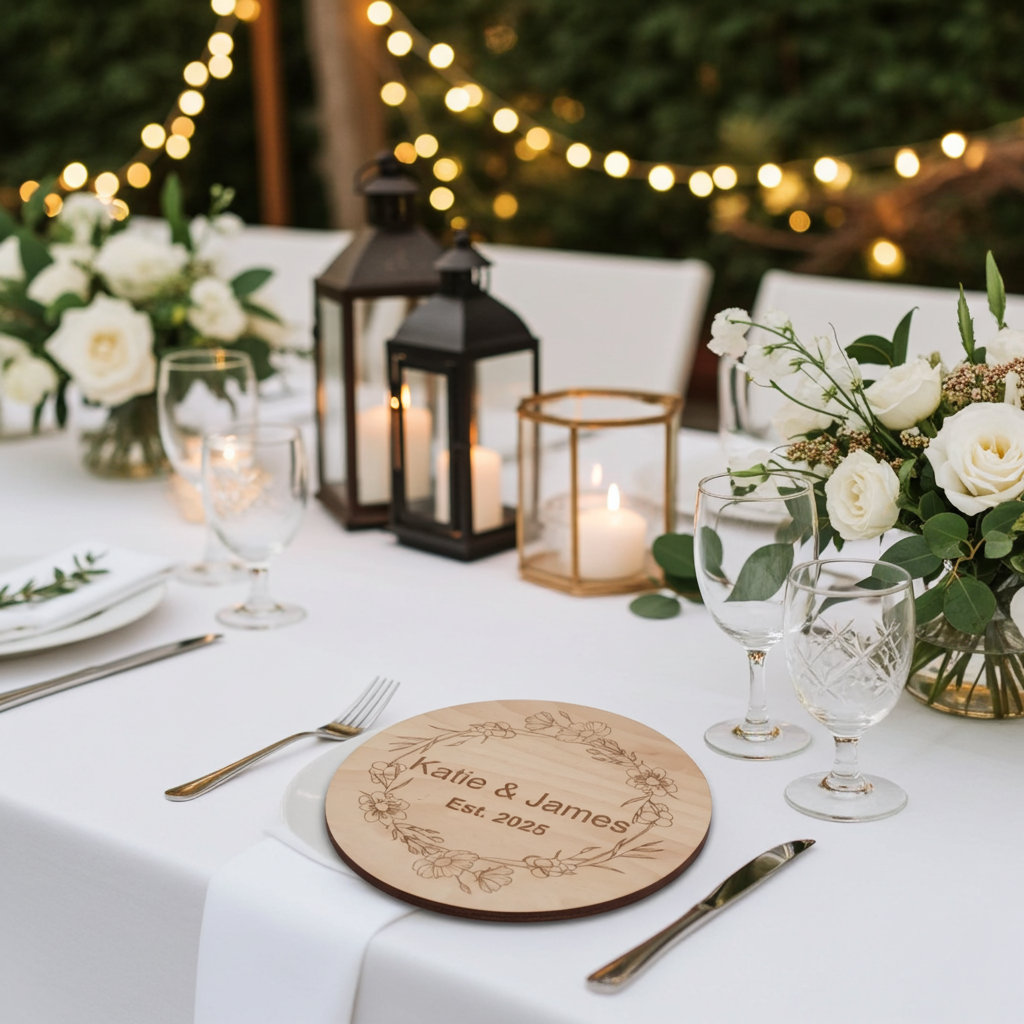 x 4 Personalised engraved Round wood placemats and x 4 drinks coasters set.