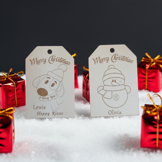 x2 Personalised Christmas Gift Tags, White Wood. Christmas Dog and Snowman, with Cord.