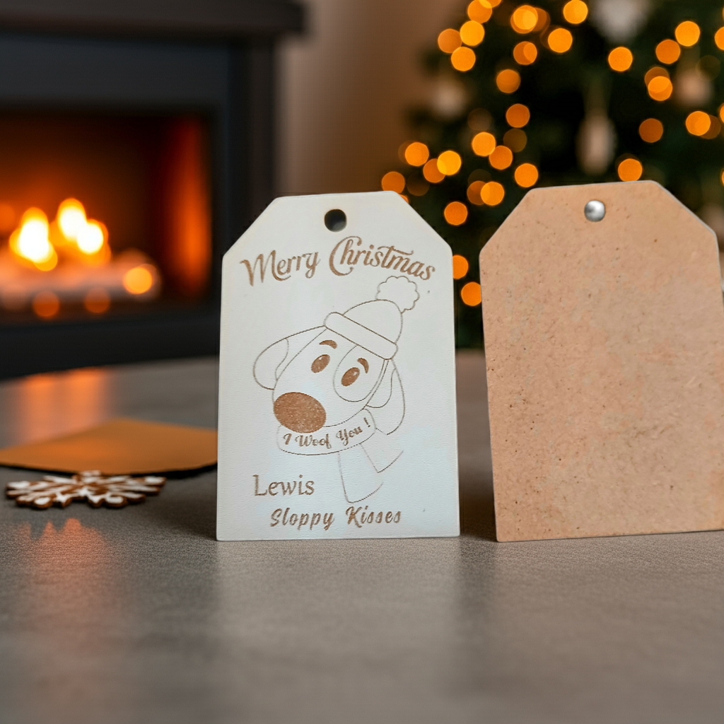 x2 Personalised Christmas Gift Tags, White Wood. Christmas Dog and Snowman, with Cord.