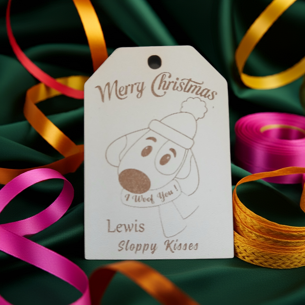 x2 Personalised Christmas Gift Tags, White Wood. Christmas Dog and Snowman, with Cord.